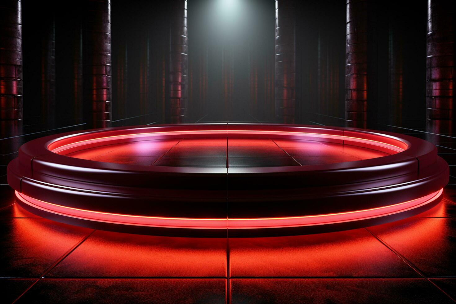 Ai Generated photo red light round podium and black background for mock up realistic image