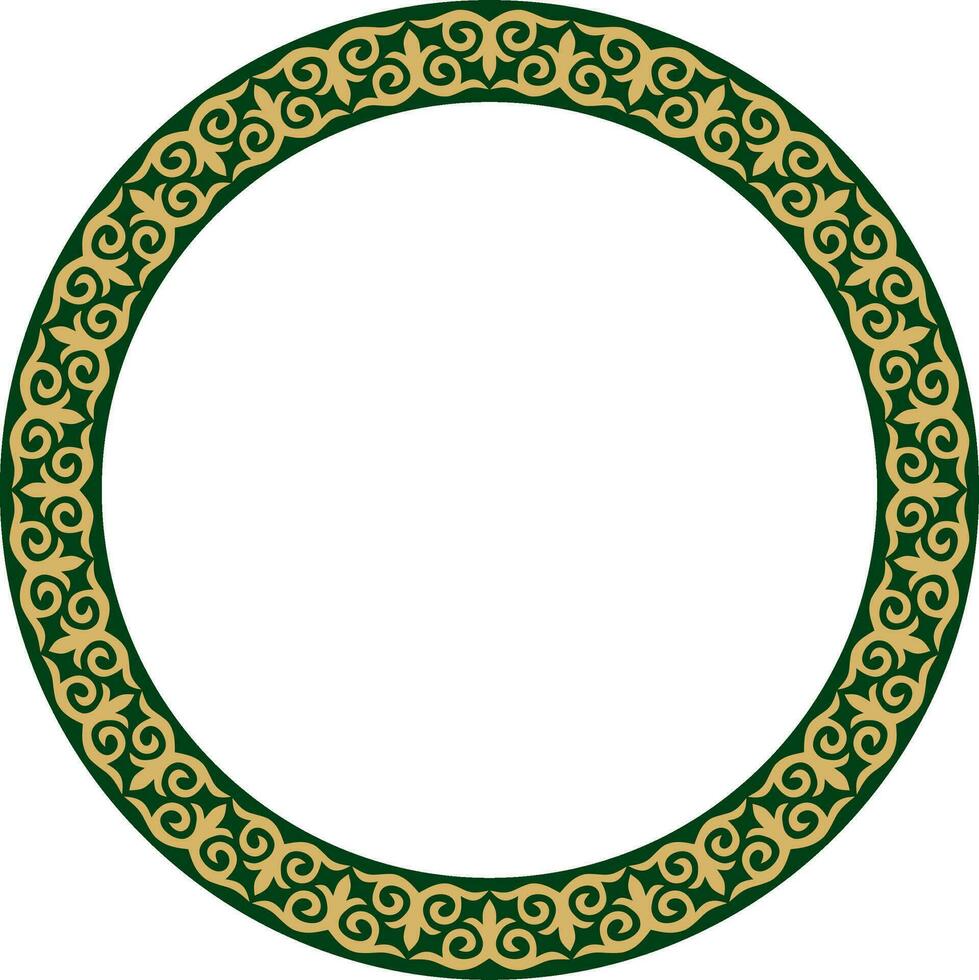 Vector gold and green Kazakh national round pattern, frame. Ethnic ornament of the nomadic peoples of Asia, the Great Steppe, Kazakhs, Kirghiz, Kalmyks, Mongols, Buryats, Turkmens
