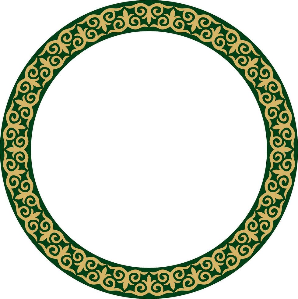 Vector gold and green Kazakh national round pattern, frame. Ethnic ornament of the nomadic peoples of Asia, the Great Steppe, Kazakhs, Kirghiz, Kalmyks, Mongols, Buryats, Turkmens