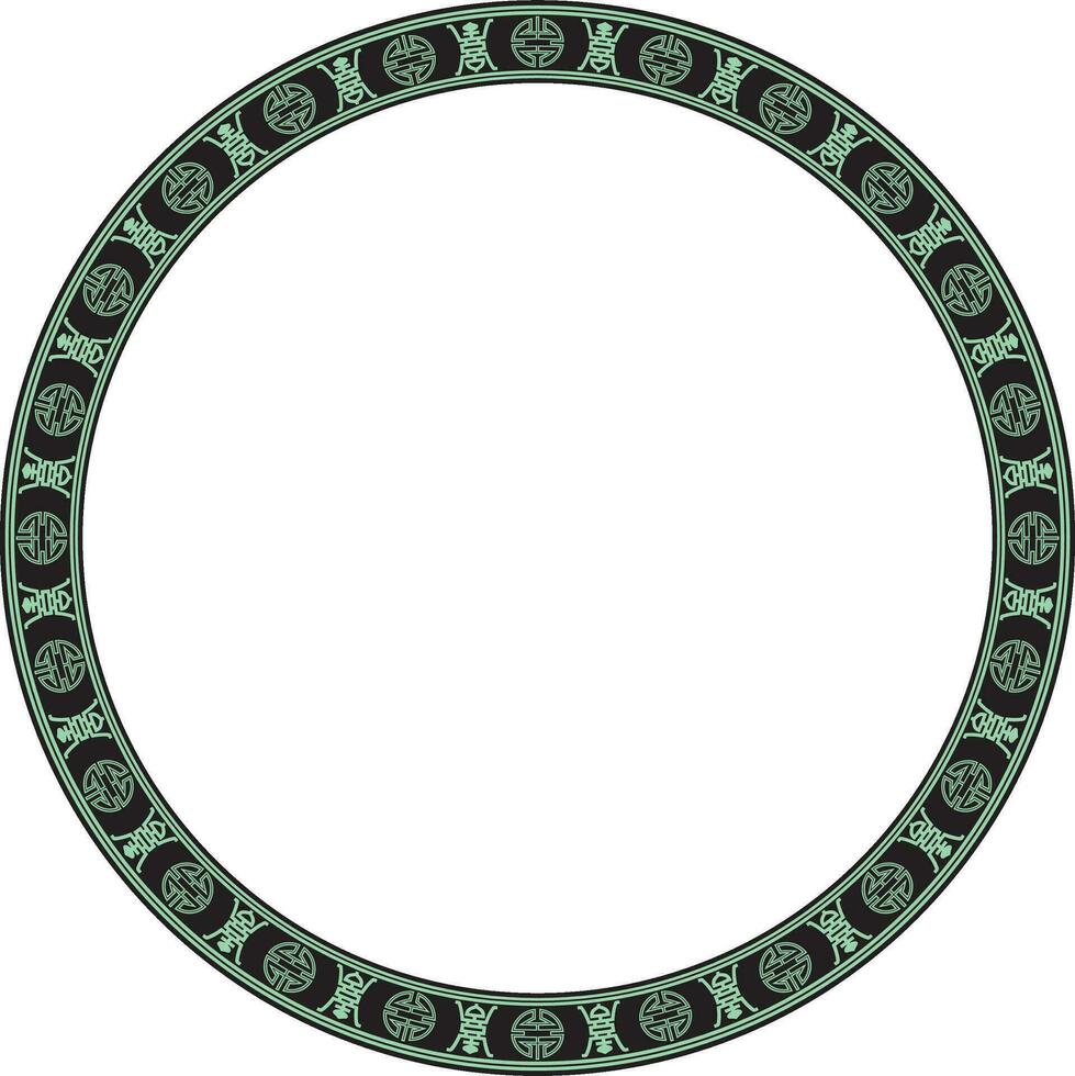 Vector green and black round Chinese ornament. Circle border, east asian frame. Korea pattern, Taiwan, Hong Kong