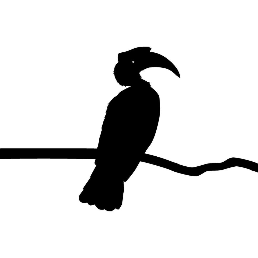 Great Horn Bird Silhouette Perched on the Branch Tree Silhouette. Vector Illustration