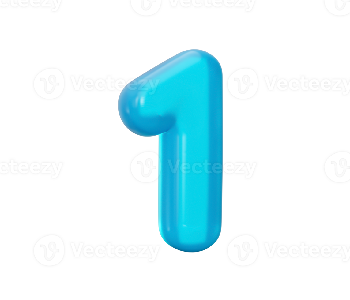 Blue jelly digit 1 One Jelly colorful alphabets numbers for kids 3d illustration png