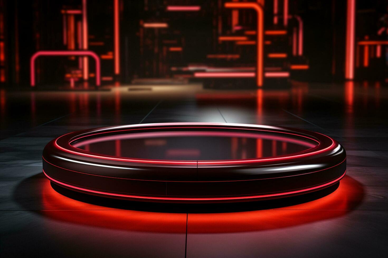 Ai Generated photo red light round podium and black background for mock up realistic image