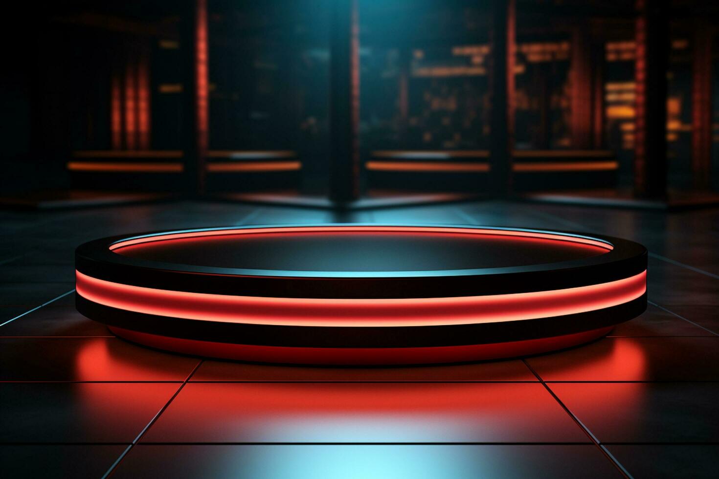 Ai Generated photo red light round podium and black background for mock up realistic image