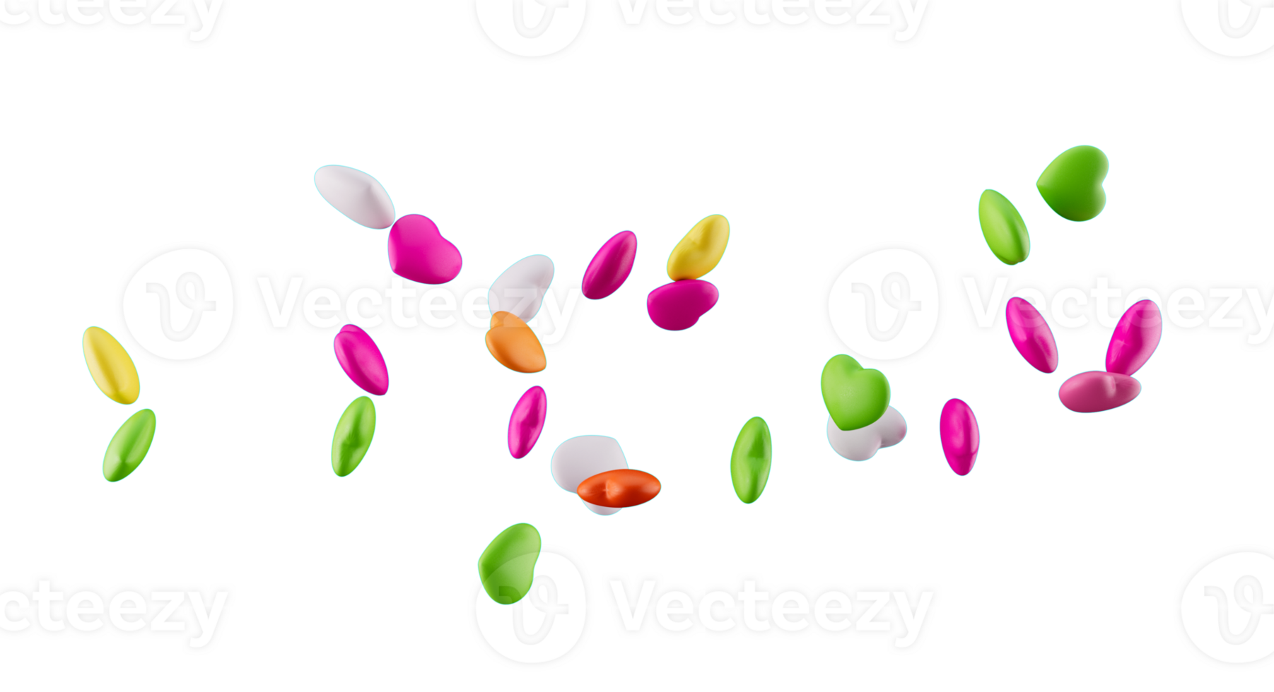 Heart Shape colorful candies flying 3d illustration png