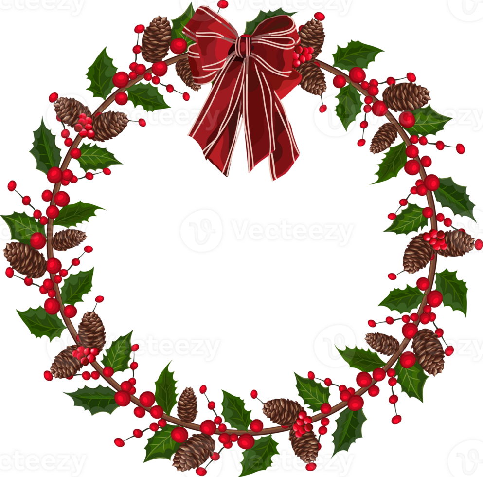 Christmas wreath illustration on transparent background. png
