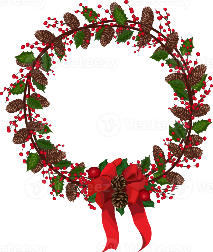 Christmas wreath illustration on transparent background. png