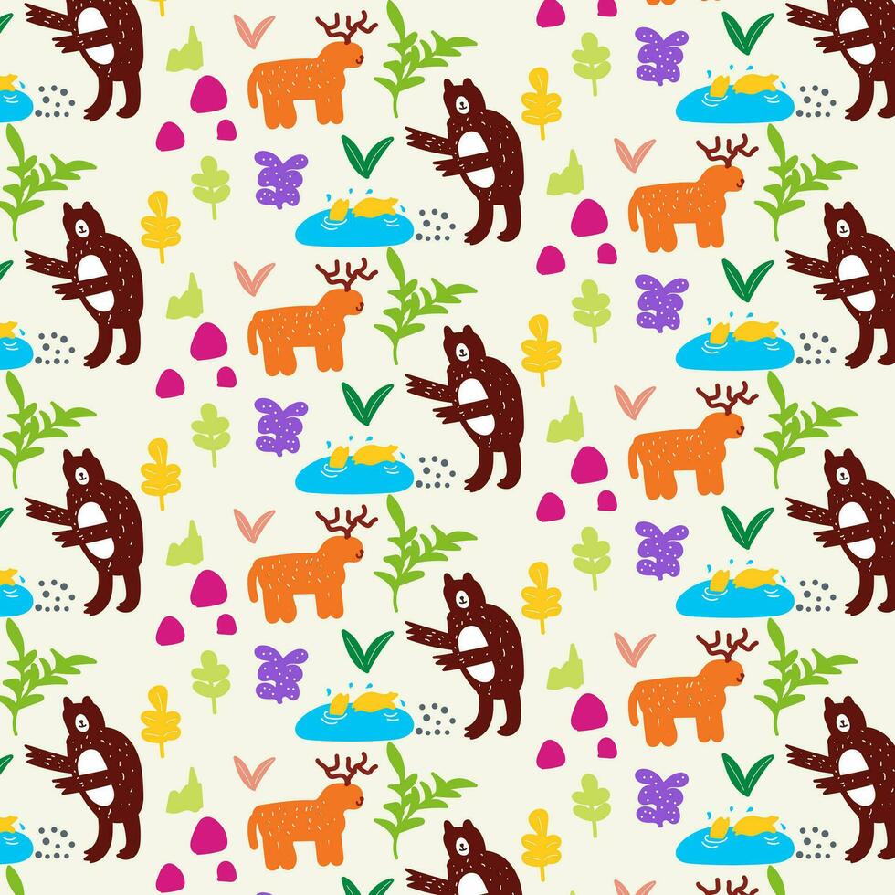 Cute hand drawn animals Seamless pattern. for fabric, print, textile and wallpaper vector