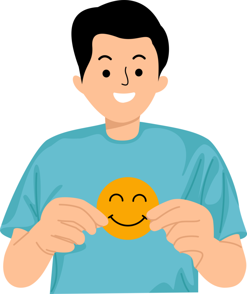 young man hold smiling face emoticon symbol png