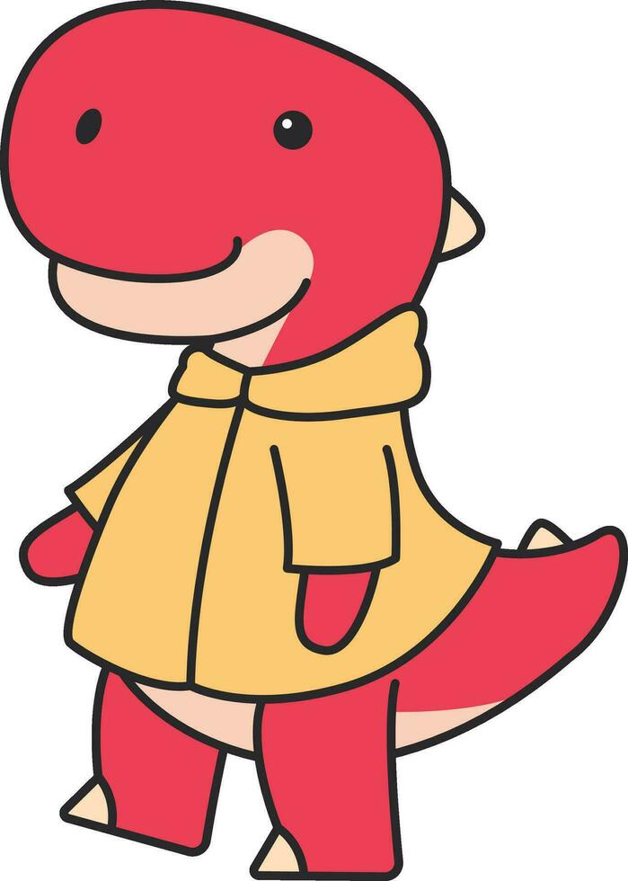 Cute dinosaur in a yellow raincoat and red cap. Vector illustration.