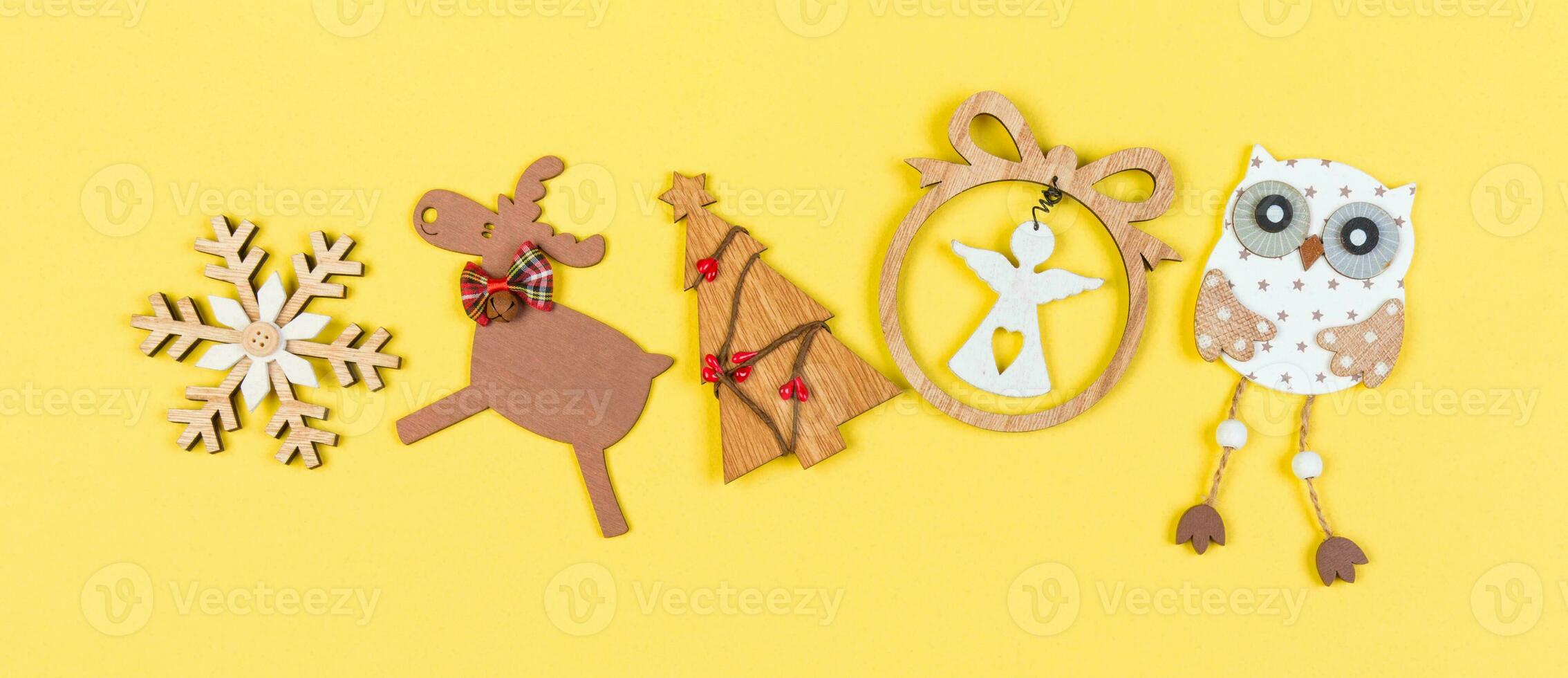 Top view Banner Christmas toys and decorations on colorful background. New Year holiday concept with copy space photo