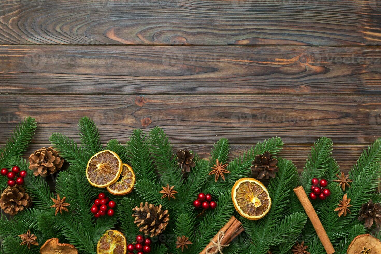 Christmas background with fir branches and Christmas decor. Top view, copy space for text photo