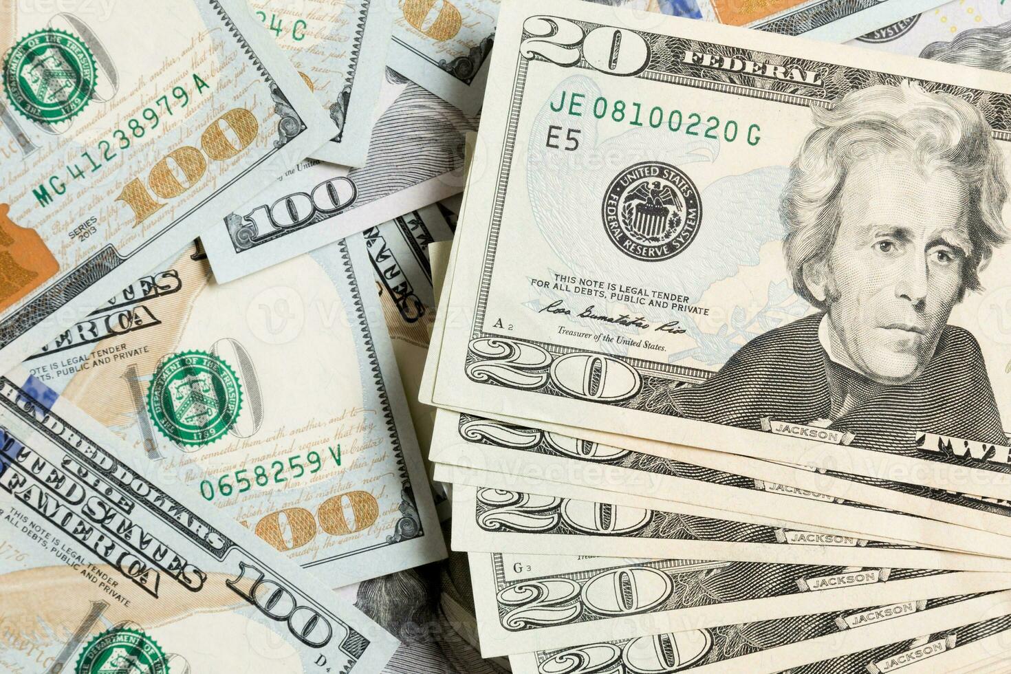 Background with money american hundred dollar bills, horizontal. Top view of business concept on background with copy space photo