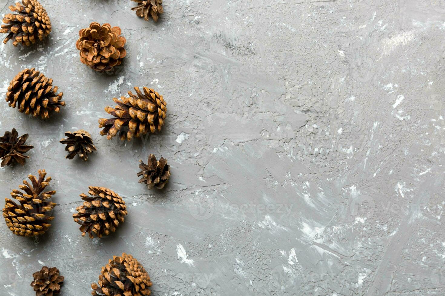 Christmas pine cones on colored paper border composition. Christmas, New Year, winter concept. Flat lay, top view, copy space photo