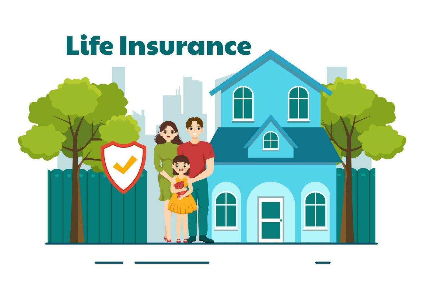 Life Insurance Vector Illustration with Check Marks, Shield and Umbrella for Family Healthcare Protection and Medical Service in Flat Background