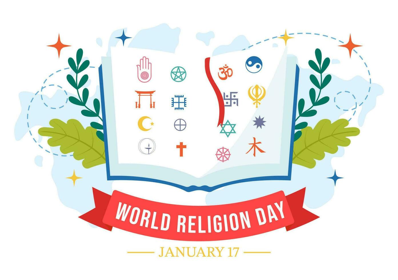 World Religion Day Vector Illustration on 17 January with Symbol Icons of Different Religions for Poster or Banner in Flat Cartoon Background