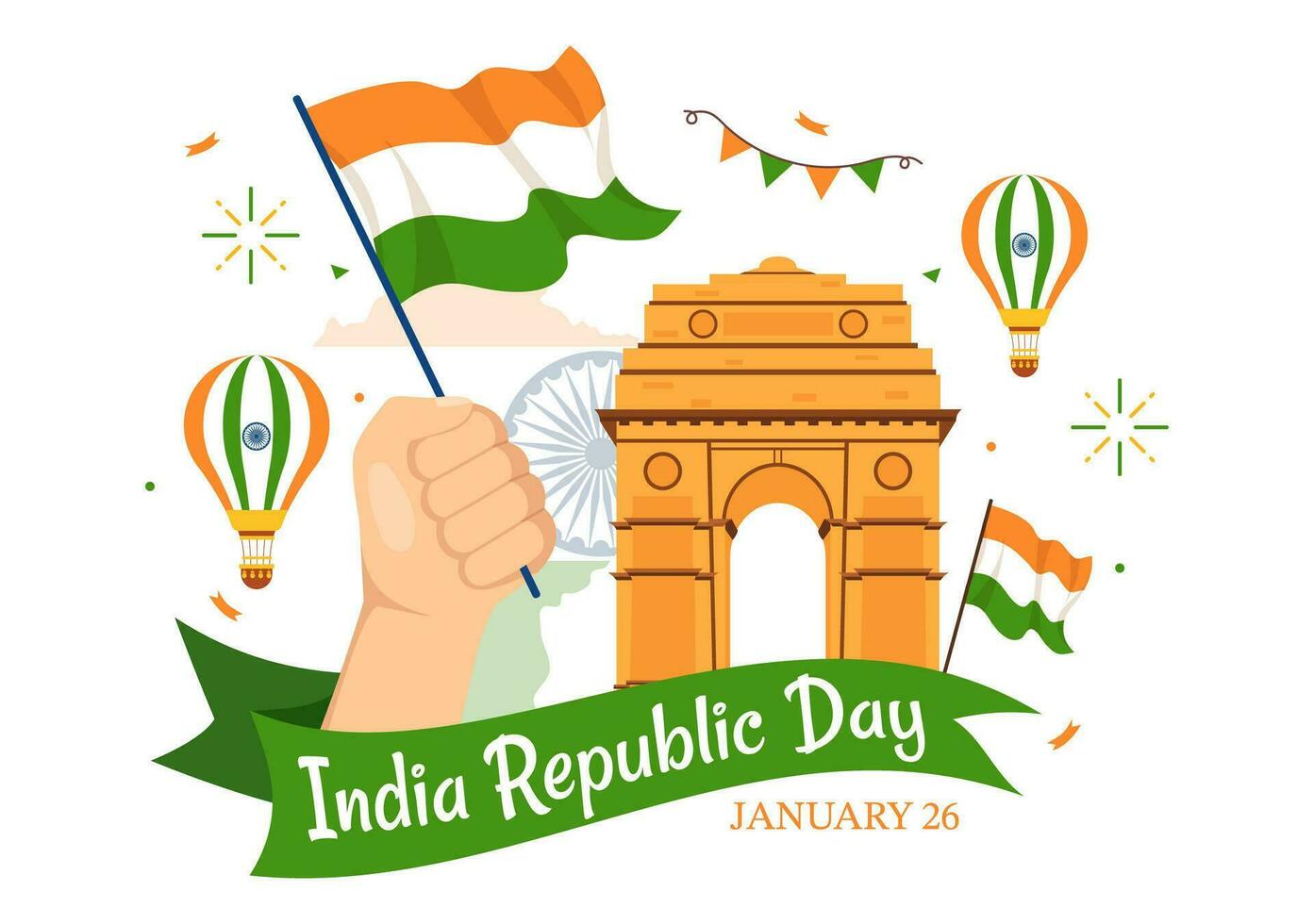 Happy India Republic Day Vector Illustration on 26 January with Indian Flag and Gate in Holiday National Celebration Flat Cartoon Background Design