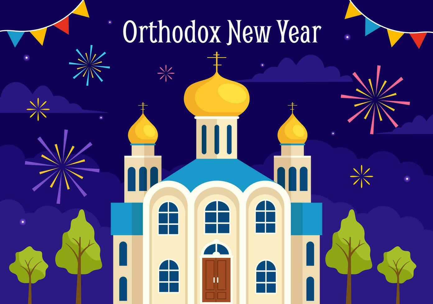 Happy Orthodox New Year Vector Illustration on 14 January with Church and Fireworks for Poster or Banner in Flat Cartoon Background Design