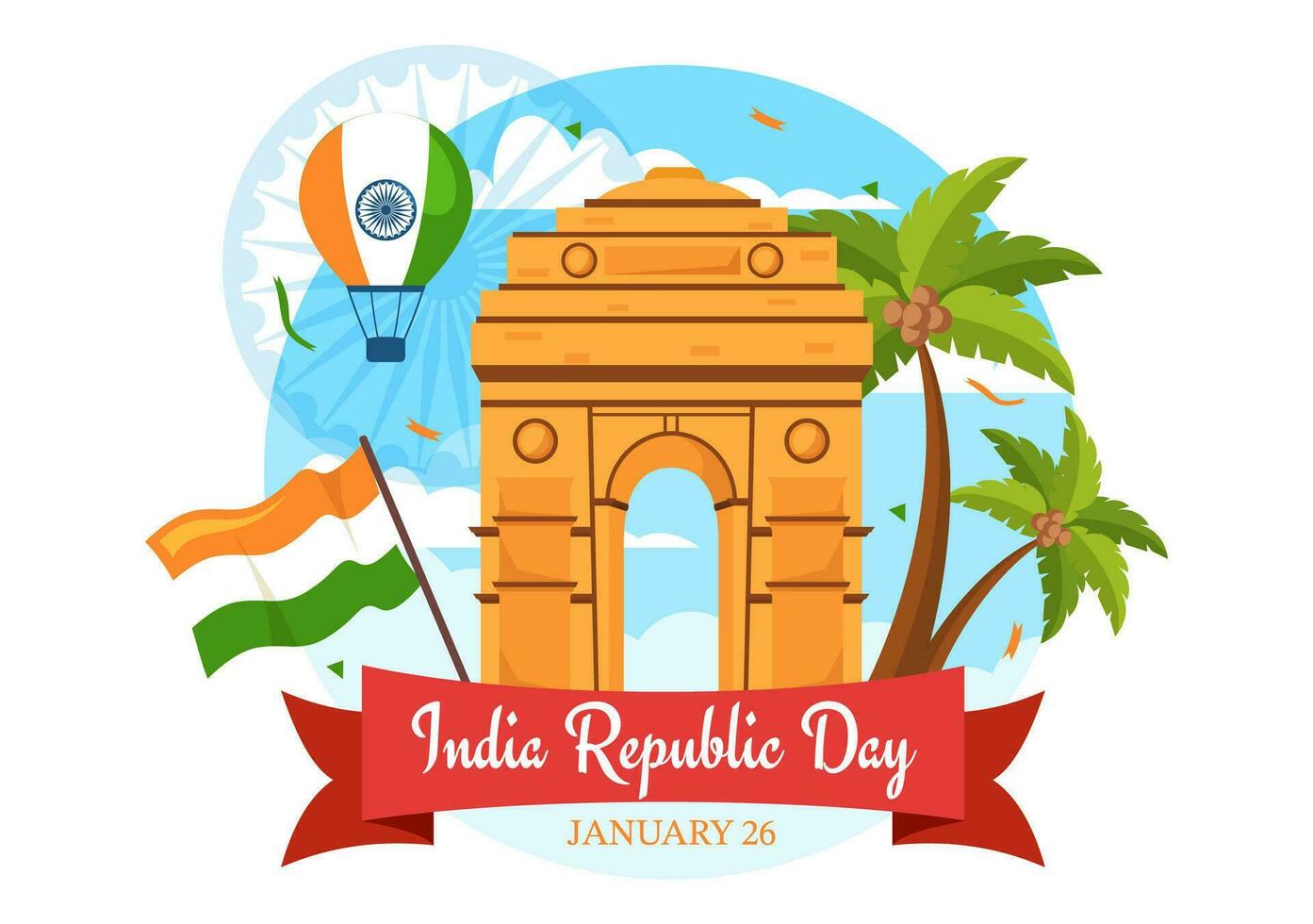 Happy India Republic Day Vector Illustration on 26 January with Indian Flag and Gate in Holiday National Celebration Flat Cartoon Background Design