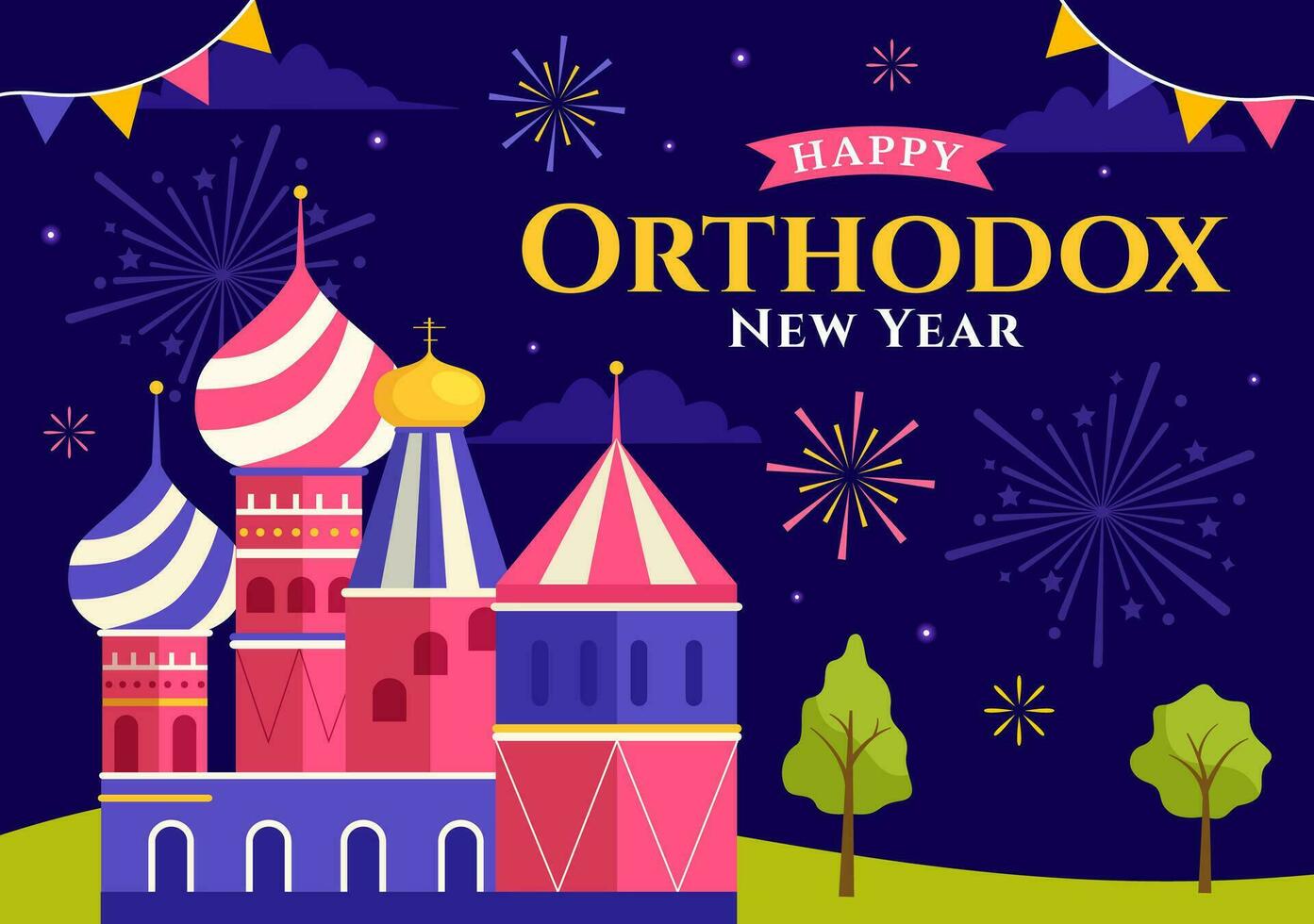 contento ortodoxo nuevo año vector ilustración en 14 enero con Iglesia y fuegos artificiales para póster o bandera en plano dibujos animados antecedentes diseño