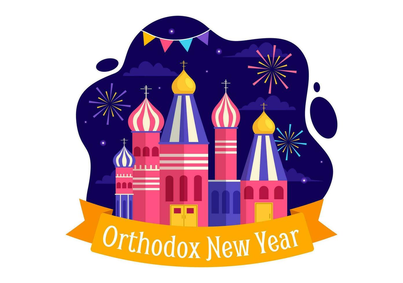 contento ortodoxo nuevo año vector ilustración en 14 enero con Iglesia y fuegos artificiales para póster o bandera en plano dibujos animados antecedentes diseño