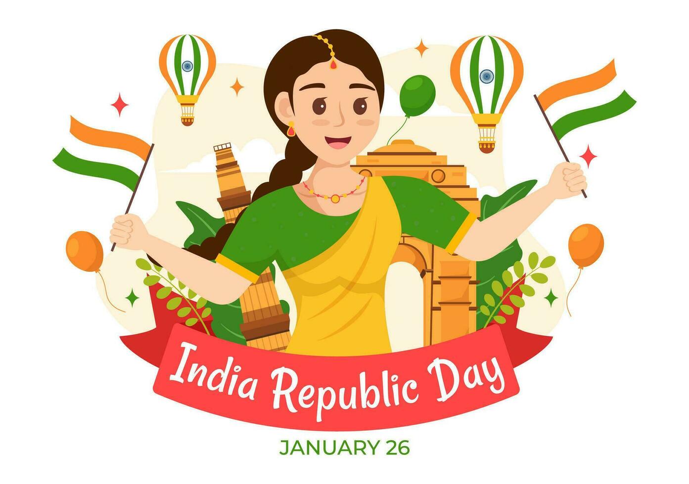 contento India república día vector ilustración en 26 enero con indio bandera y portón en fiesta nacional celebracion plano dibujos animados antecedentes diseño