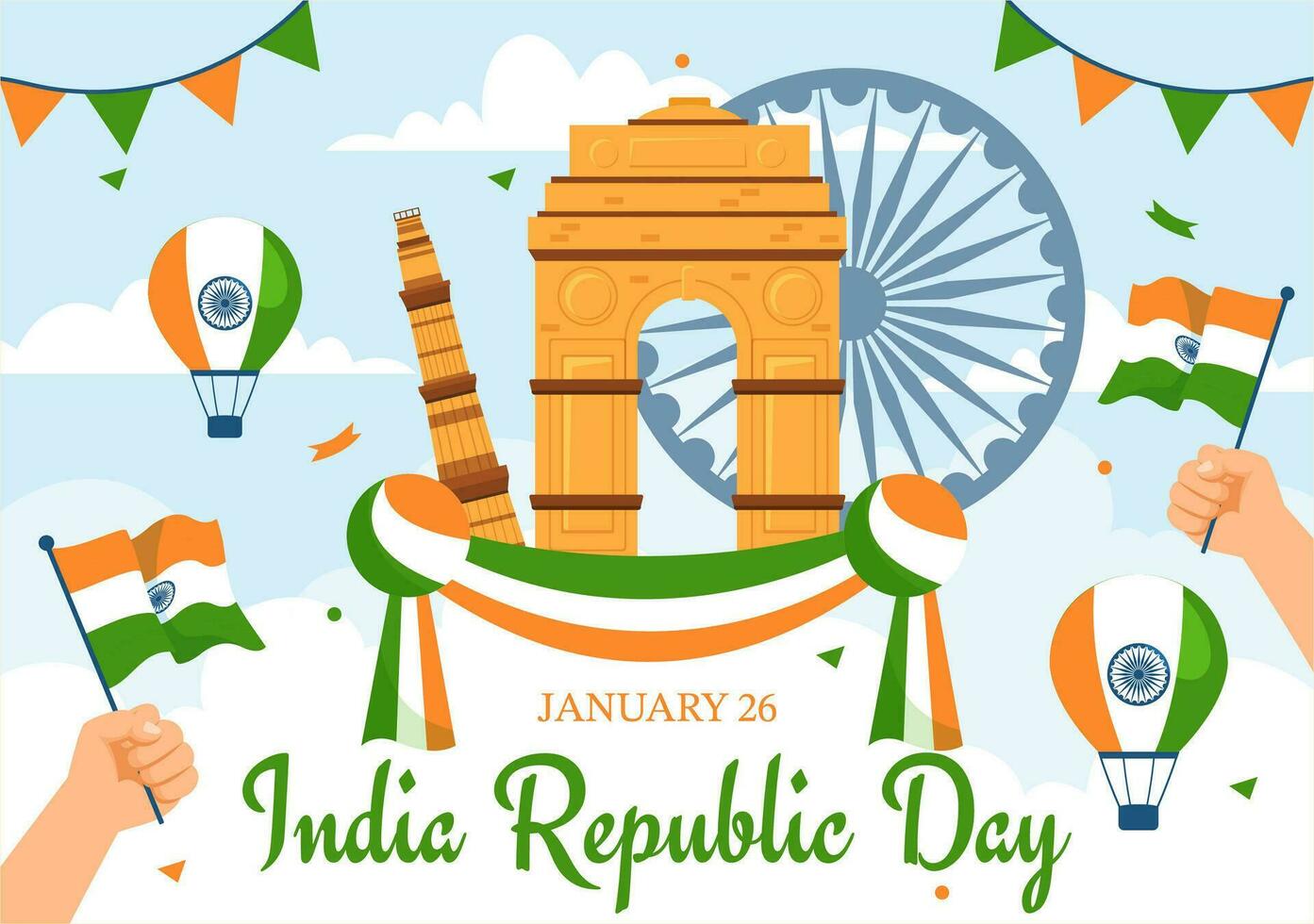contento India república día vector ilustración en 26 enero con indio bandera y portón en fiesta nacional celebracion plano dibujos animados antecedentes diseño