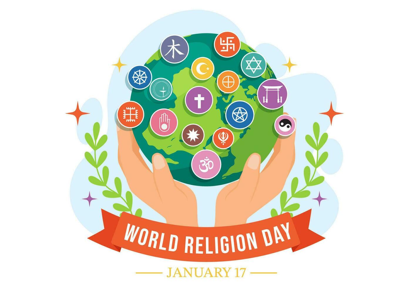 World Religion Day Vector Illustration on 17 January with Symbol Icons of Different Religions for Poster or Banner in Flat Cartoon Background