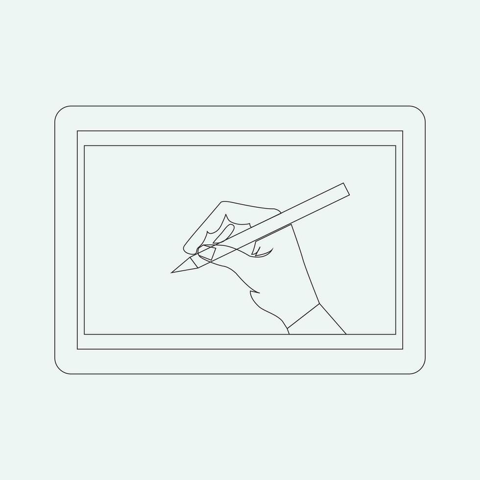 On a graphics tablet, hands draw. This is a cutting-edge device that allows you to write and draw on a touchscreen vector