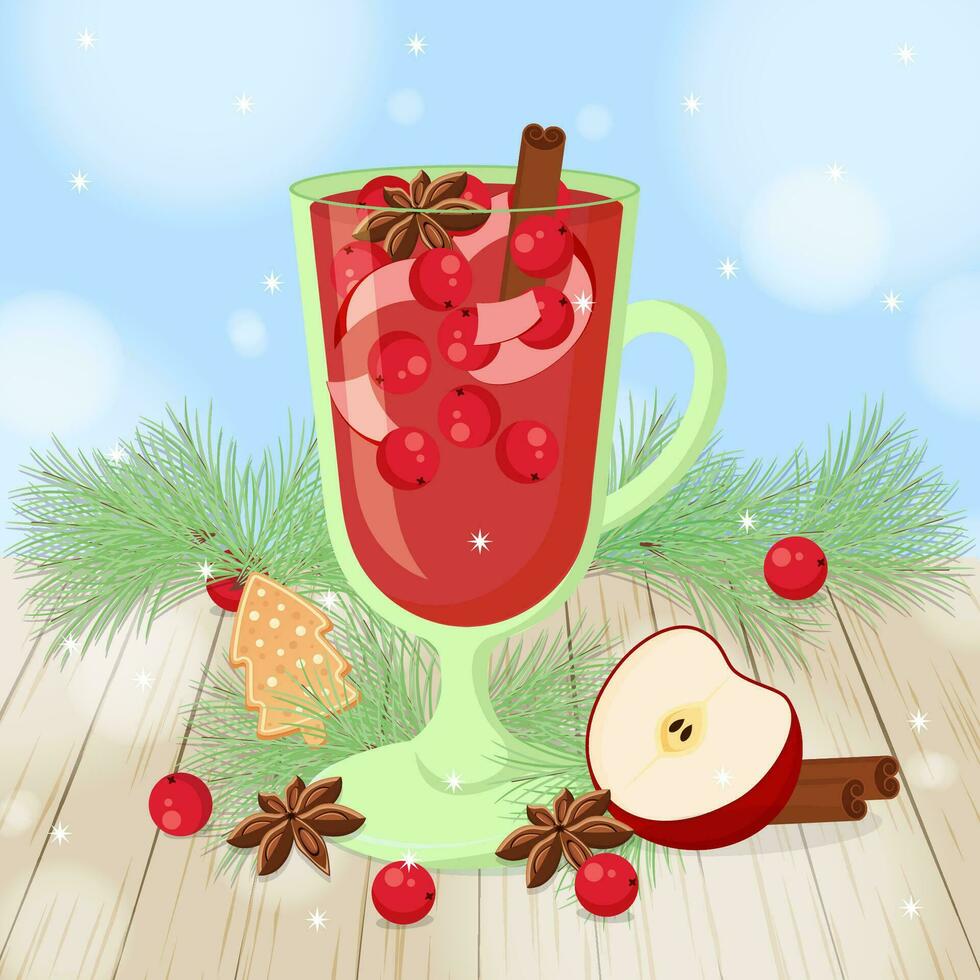 Christmas card with hot drinks standing on the table. vector