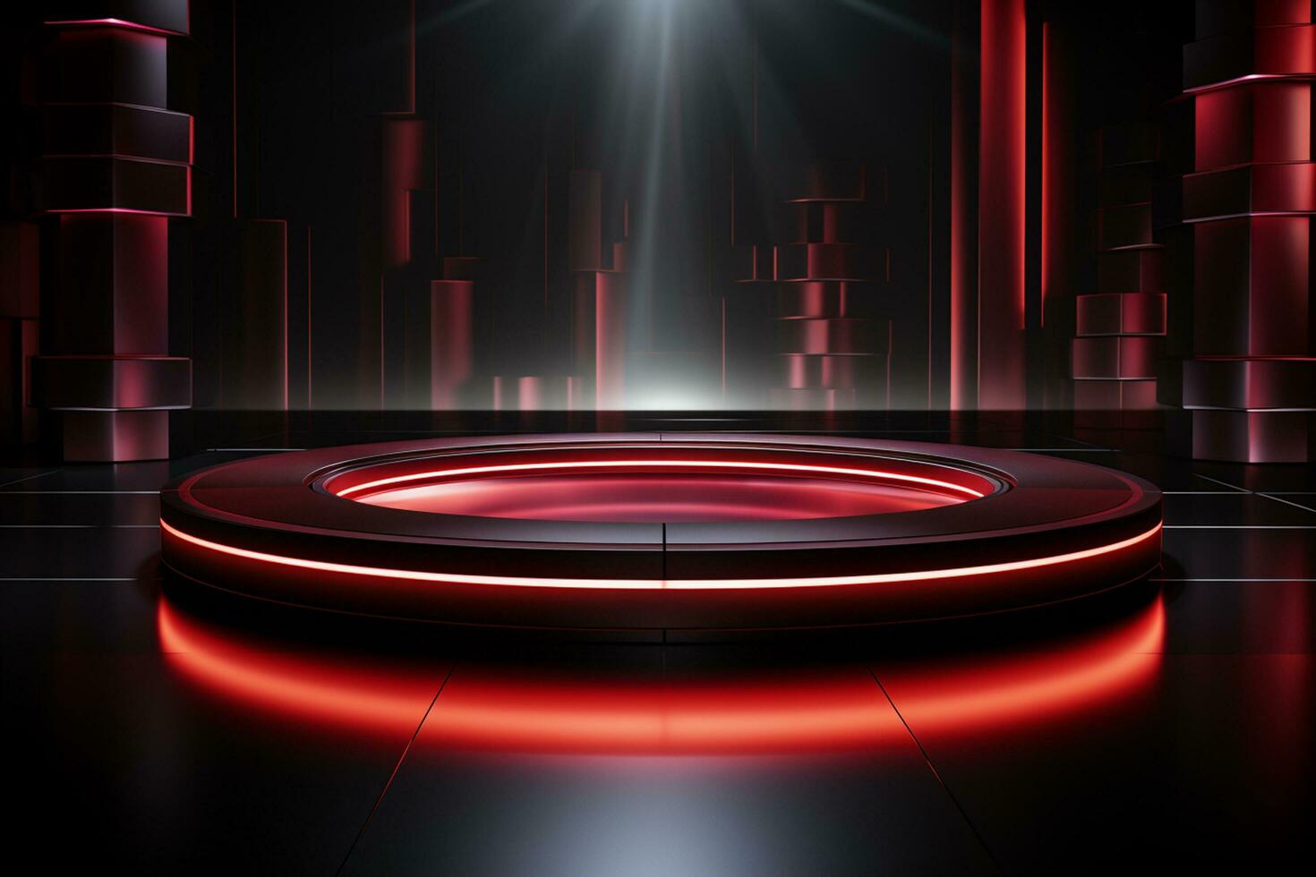 Ai Generated photo red light round podium and black background for mock up realistic image