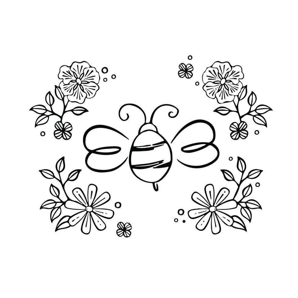 Outline, lines Set with honey, flowers and bees, vector illustration