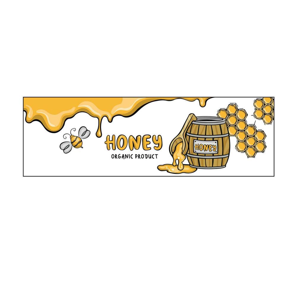 Banner barrel of honey with spoon and bee, vector illustration