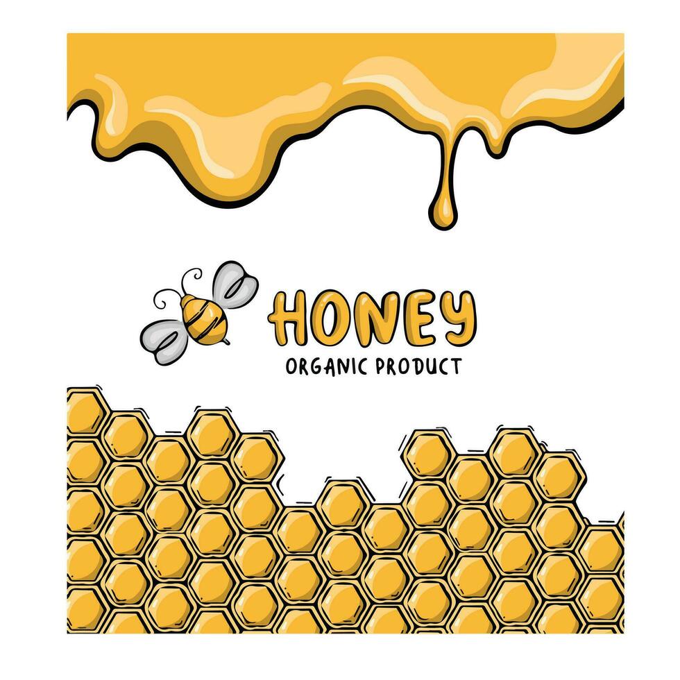 Honey card with honeycomb and bee, vector illustration
