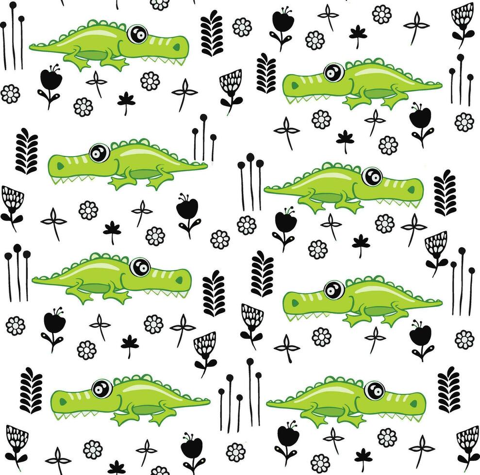 Crocodile pattern design with several alligators - funny hand drawn doodle, seamless pattern. Lettering poster or t-shirt textile graphic design. wallpaper, wrapping paper, background. vector