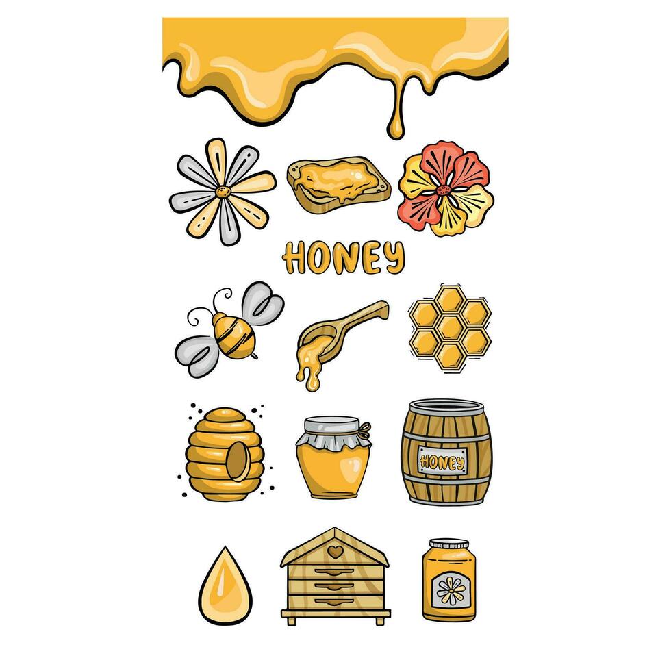 Set orange with honey, flowers and bees, vector