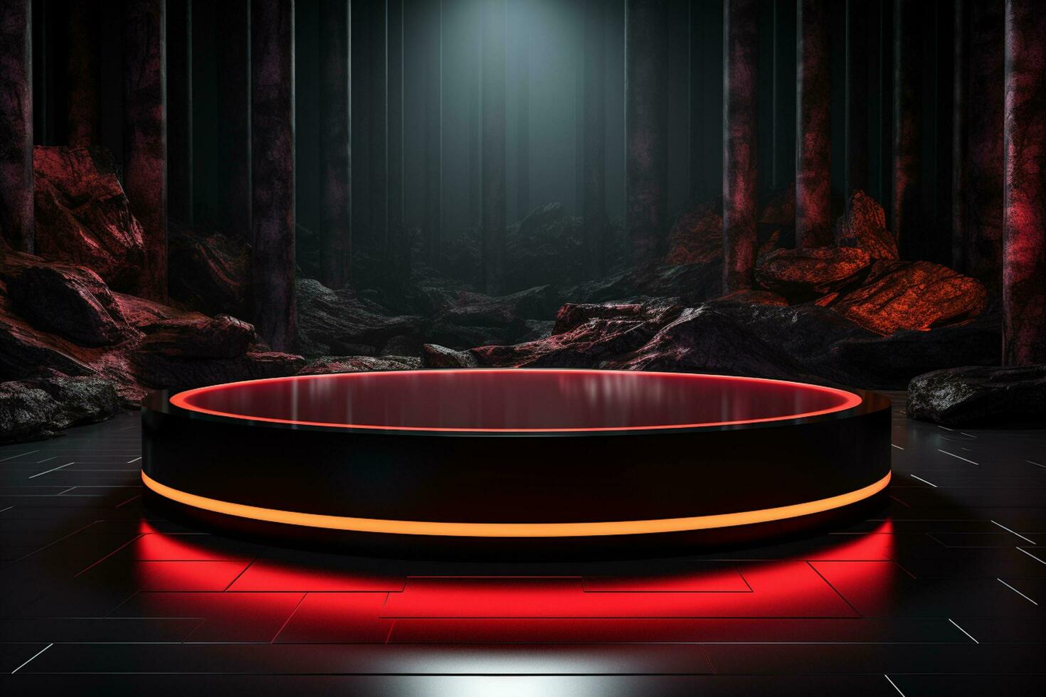 Ai Generated photo red light round podium and black background for mock up realistic image