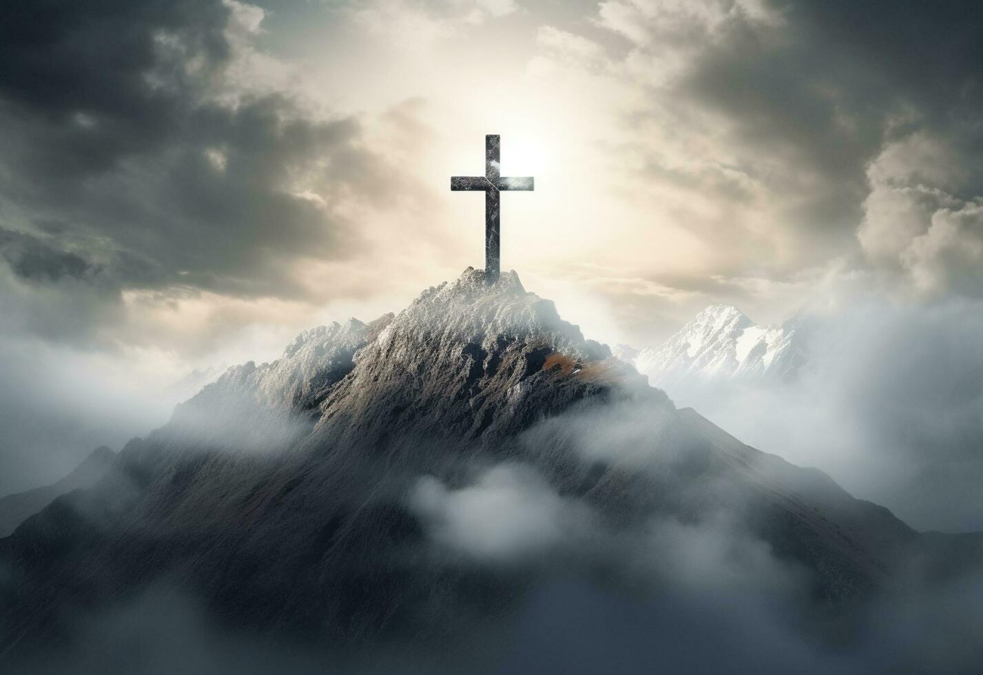 ai generativo un maravilloso paisaje silueta con un crucifijo a sus centro, simbolizando el Resurrección de Jesús y el cristiano fe. el hermosa montaña escenario, el vibrante cielo. foto