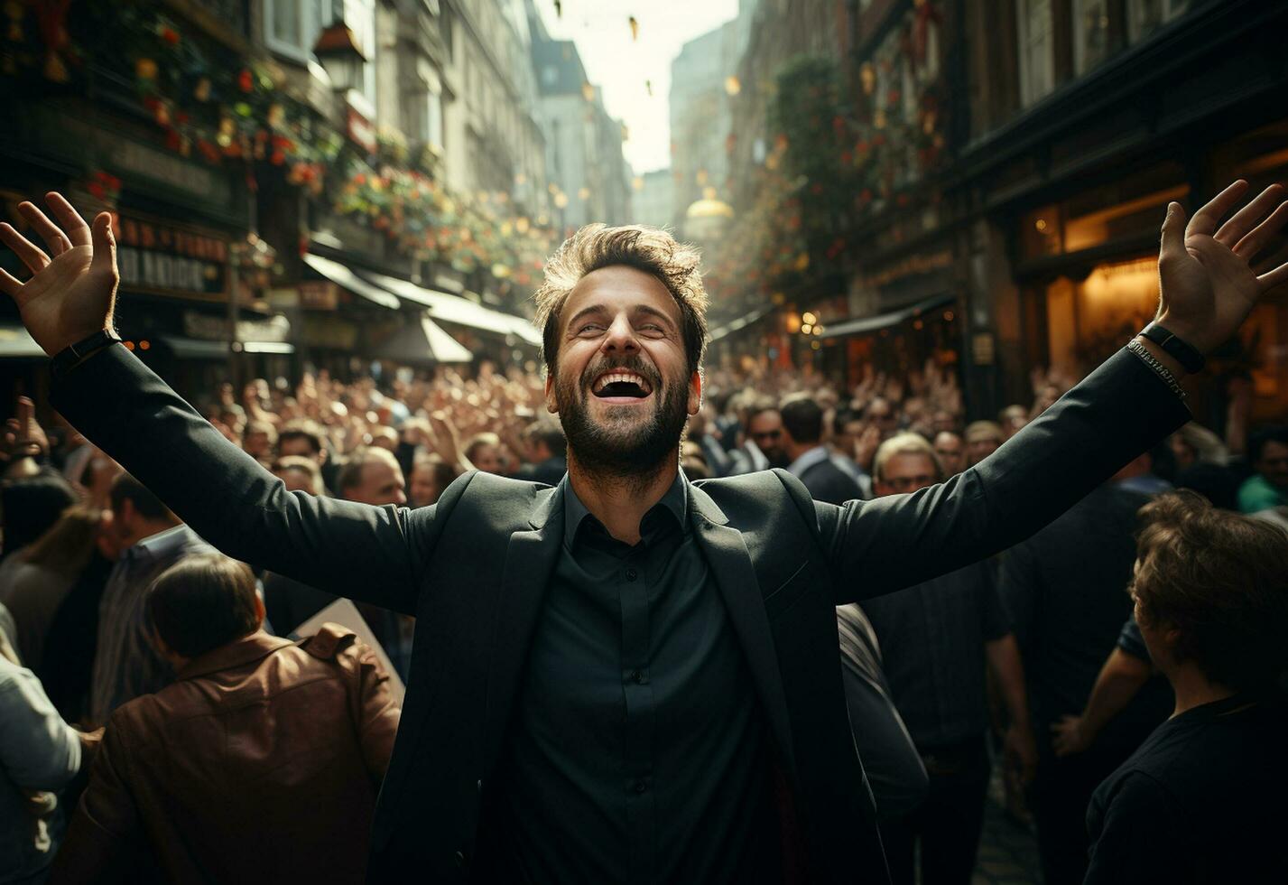 ai generativo hombre en un traje es celebrando éxito en el calle foto