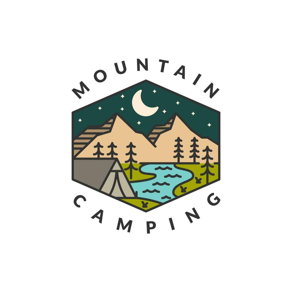 noche acampar montaña Insignia vector ilustración. montaña y tienda monoline o línea Arte estilo. diseño lata ser para camisetas, pegatina, impresión necesidades