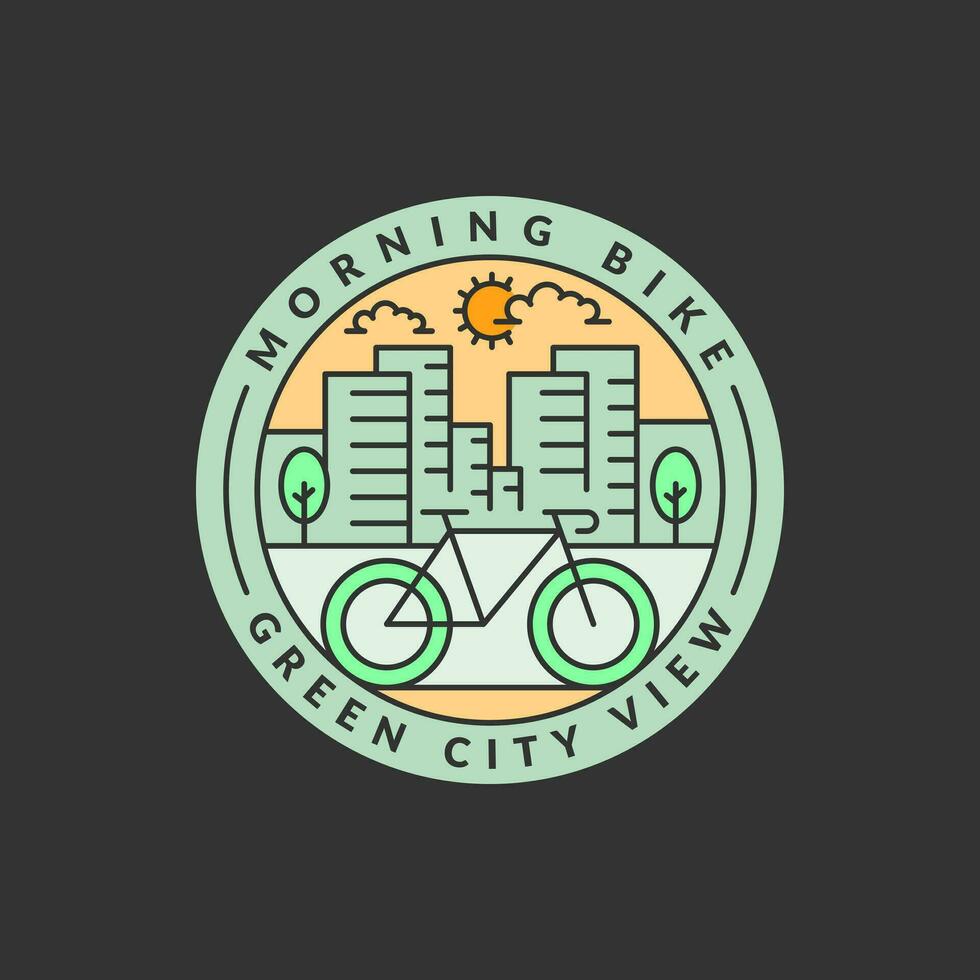 morning cycling in the city badge vector illustration. city and bicycle monoline or line art style. design can be for t-shirts, sticker, printing needs