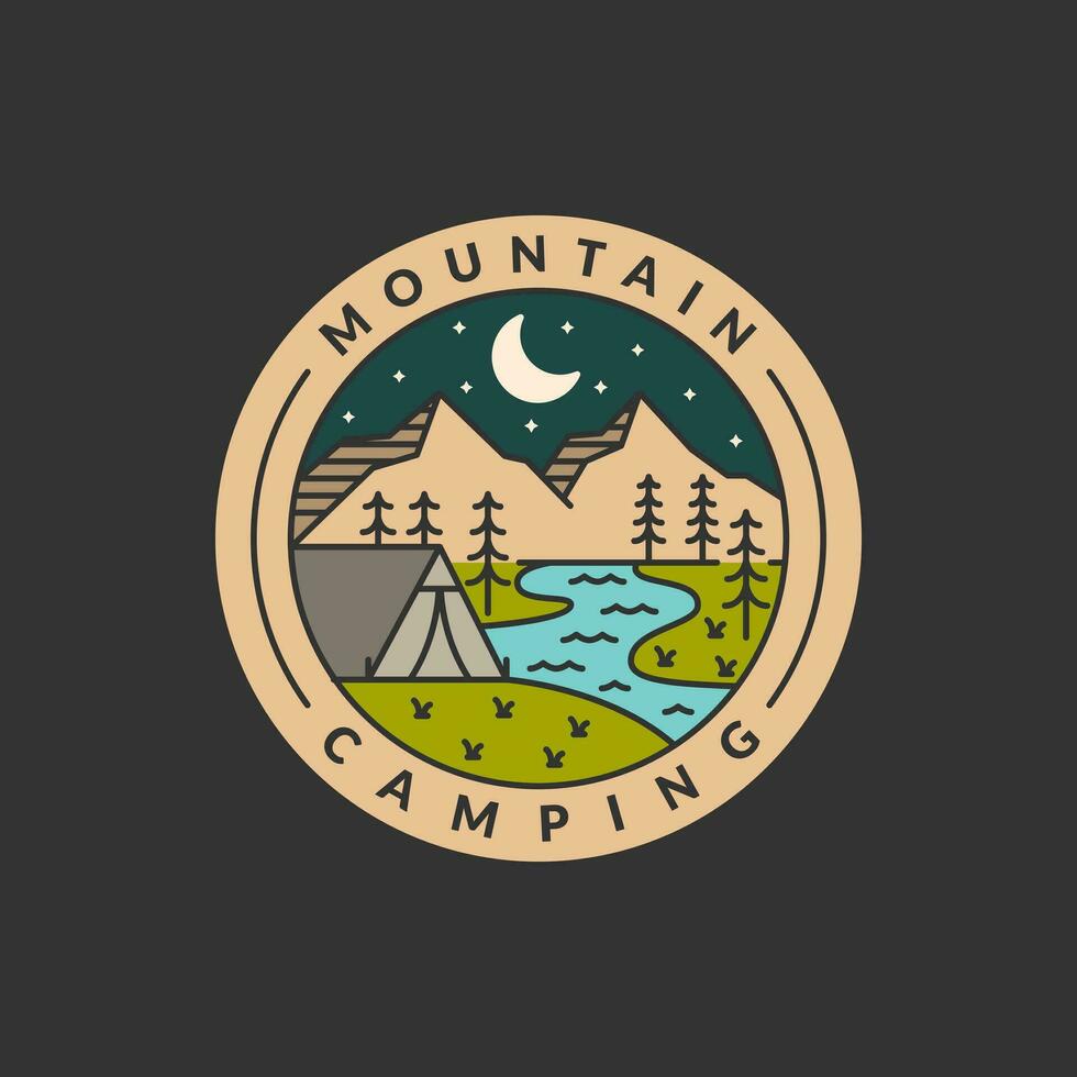 night camp mountain badge vector illustration. mountain and tent monoline or line art style. design can be for T-shirts, sticker, printing needs