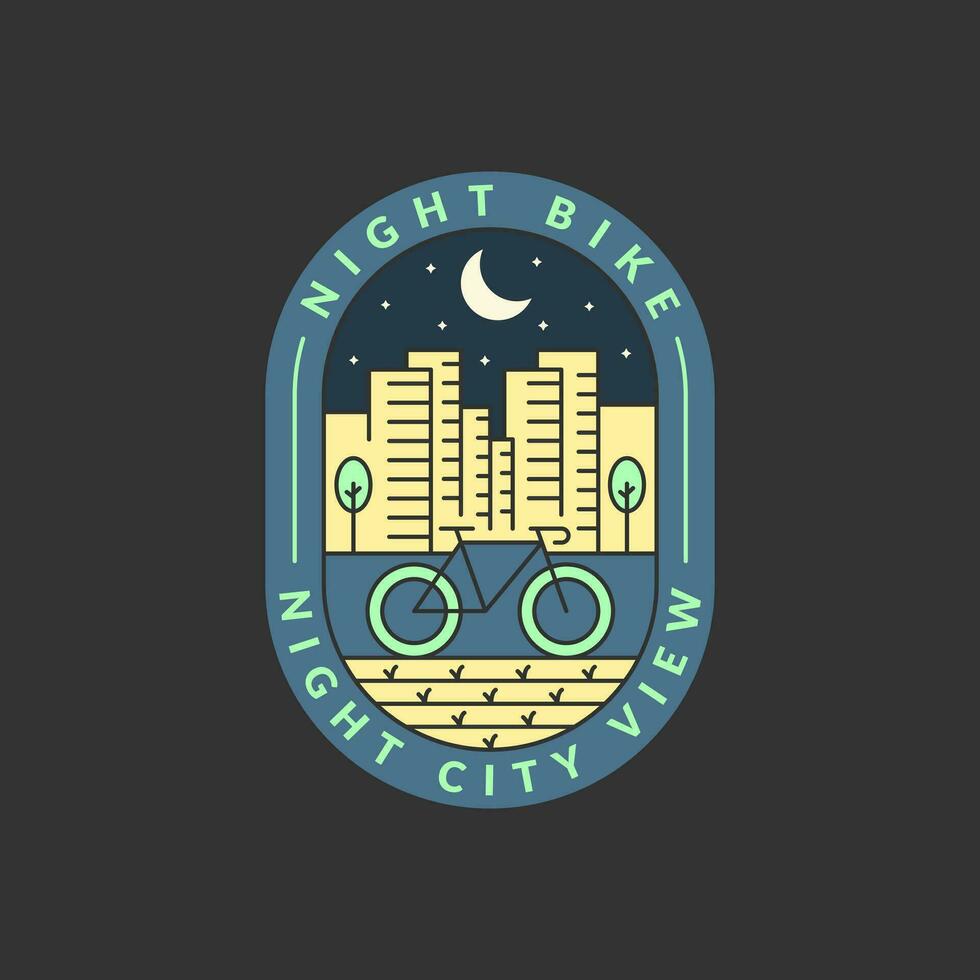 cycling at night in the city badge vector illustration. city and bicycle monoline or line art style. design can be for t-shirts, sticker, printing needs