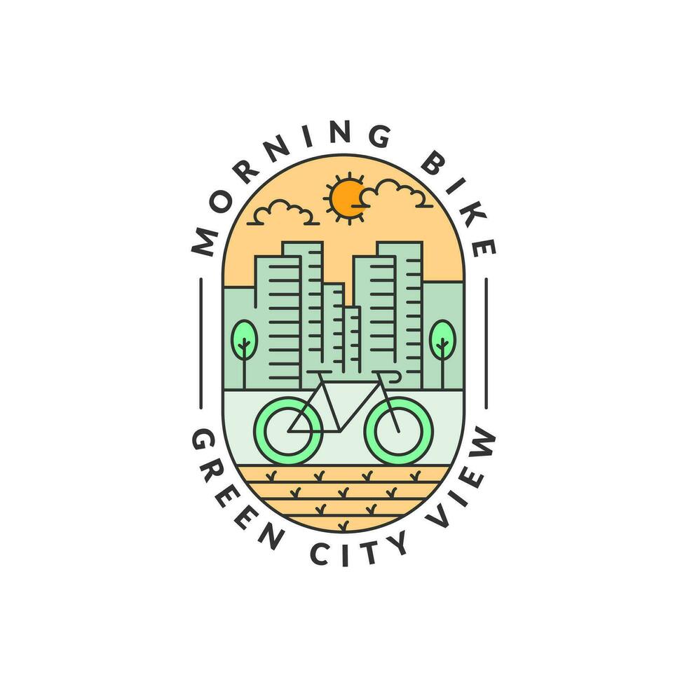 morning cycling in the city badge vector illustration. city and bicycle monoline or line art style. design can be for t-shirts, sticker, printing needs