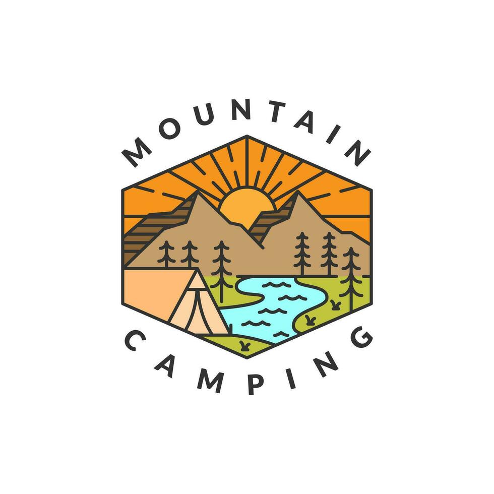 morning camp mountain badge vector illustration. mountain and tent monoline or line art style. design can be for T-shirts, sticker, printing needs