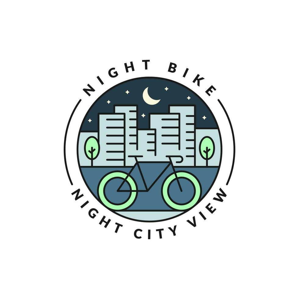 cycling at night in the city badge vector illustration. city and bicycle monoline or line art style. design can be for t-shirts, sticker, printing needs