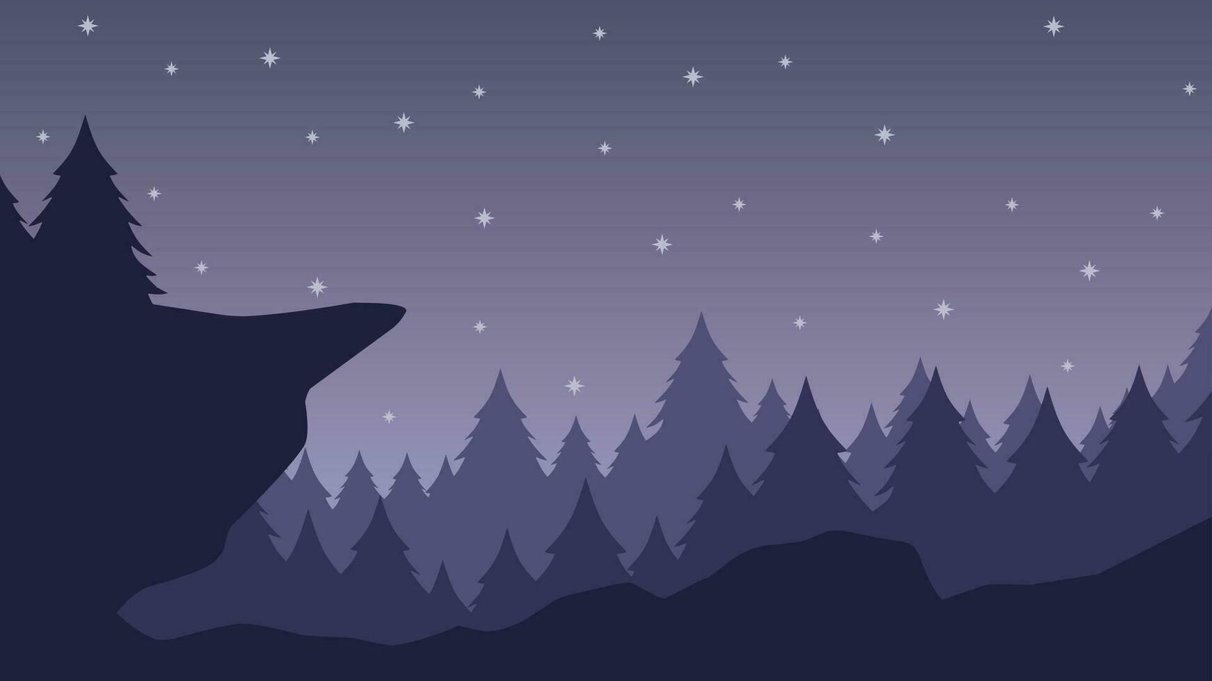 Pine forest landscape vector illustration. Silhouette of coniferous mountain in the night with starry sky. Pine forest landscape for background, wallpaper or landing page