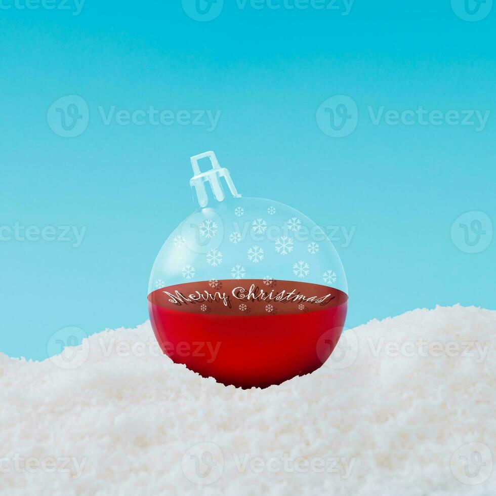 Creative layout made of Christmas bauble decoration on snow. Minimal holiday background. Fancy Christmas or New Year concept. Trendy winter holiday idea. Christmas aesthetic composition. photo