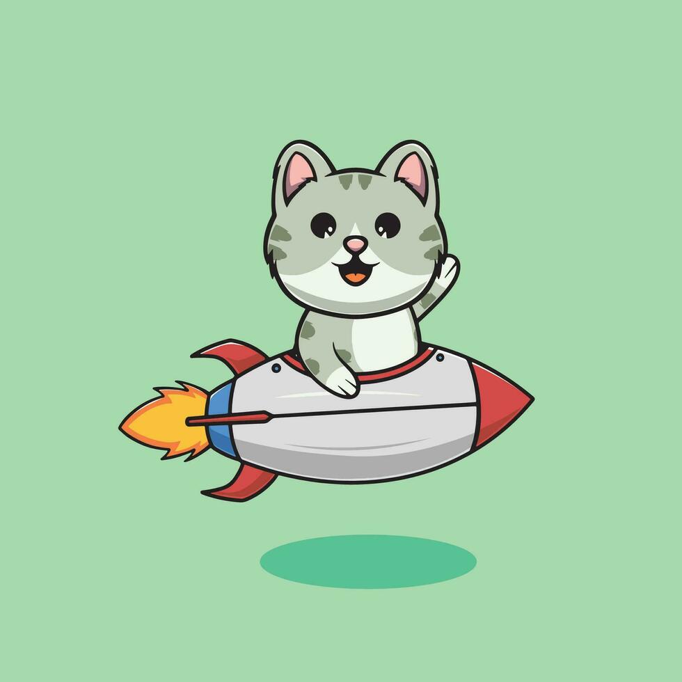 linda gato montando cohete dibujos animados ilustración vector