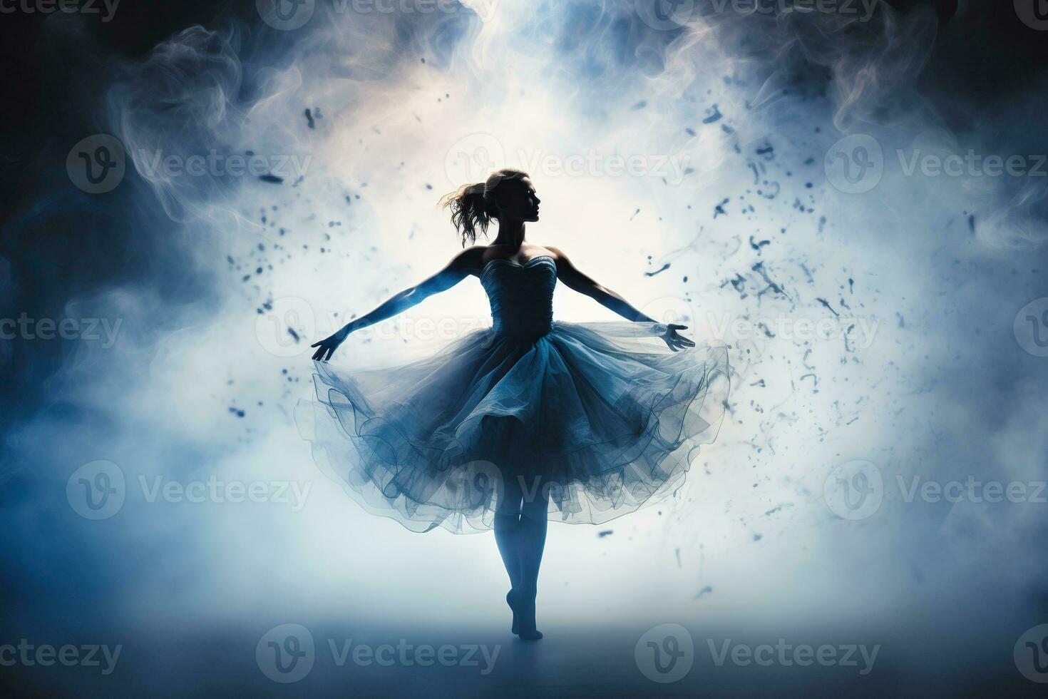 Ballerina silhouette in a fluffy dress on stage in clouds of smoke and spotlights. Generated by artificial intelligence photo